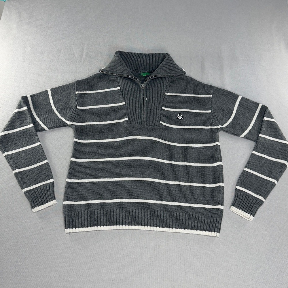 United Colors of Benetton Gray Striped Quarter Zip Cotton Knit Sweater - Picture 2 of 12
